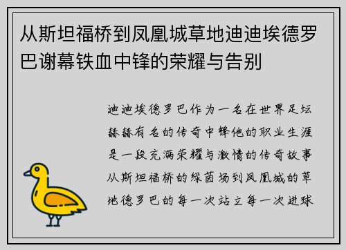 从斯坦福桥到凤凰城草地迪迪埃德罗巴谢幕铁血中锋的荣耀与告别